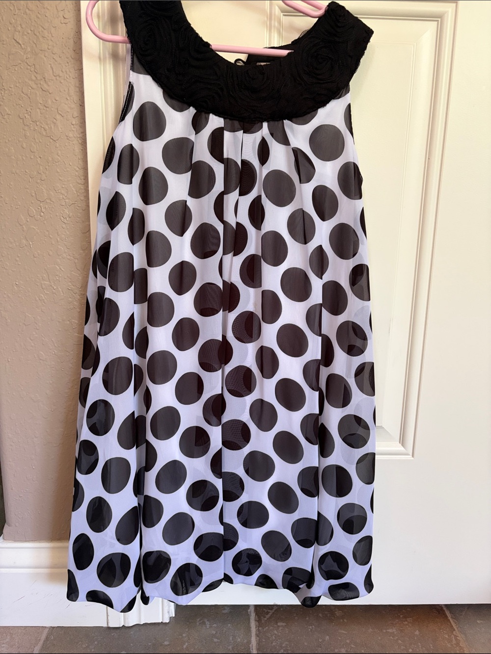 Black and White Polka Dot A-Line Dress with Black Rosette Yoke